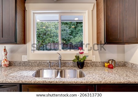Dark brown kitchen cabinet with sink and granite counter top. View of backyard through the window