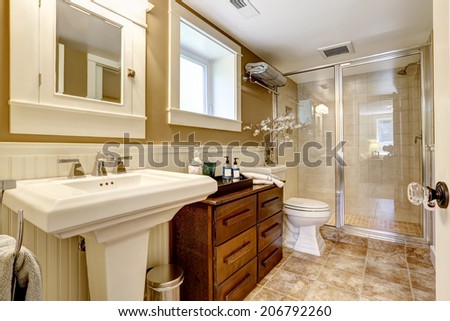 Modern bathroom interior with wooden cabinet, glass door shower and washbasin stand