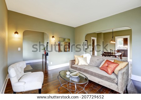 Small living area with classic chair, glass top coffee table and brown sofa with pillows and fur rug