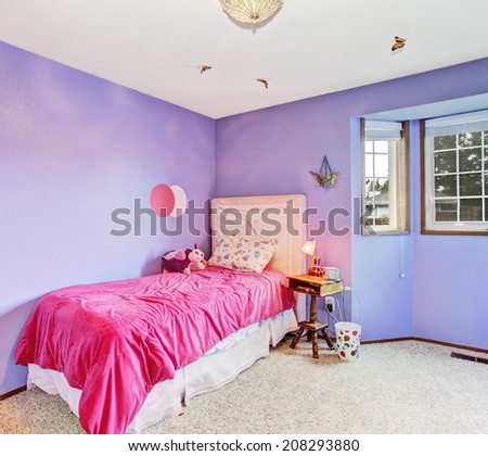 Bright kids room interior in light lavender with soft carpet floor and pink bed