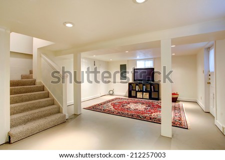 House interior. Ideas for basement room. Entertainment room with tv