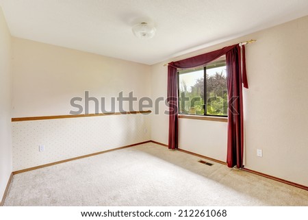 Bright white empty room with burgundy curtains and soft carpet floor