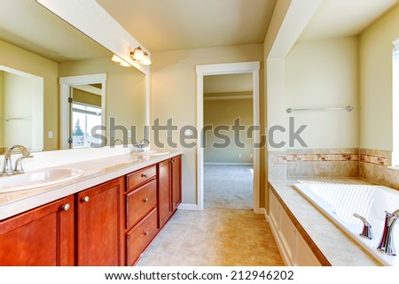 Bathroom interior. Bright cabinet with mirror and bath tub