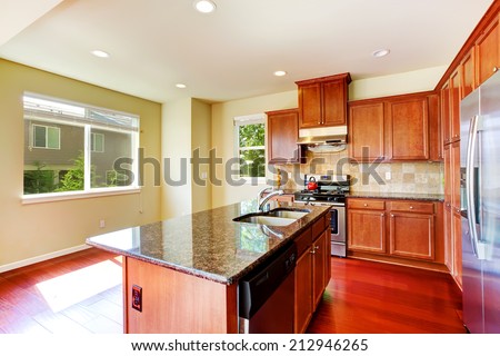 Modern kitchen cabinets with ss-appliances and kitchen island with built-in sink and granite top