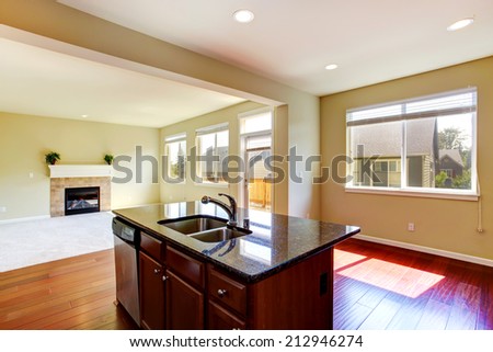 Modern kitchen island with granite top and built-in sink in empty house