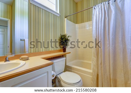 Bathroom interior in american house. Stripped wallpaper, tile wall trim and light brown counter top