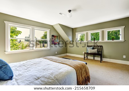 Bedroom interior with beige carpet floor and green walls. Furnished with wooden bed and bench