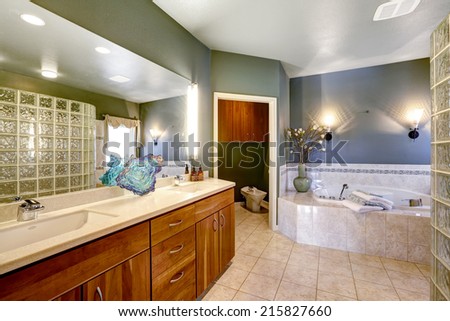 Spacious bathroom with dark green walls and beige tile floor. Brown vanity cabinet with large mirror and whirlpool bath tub