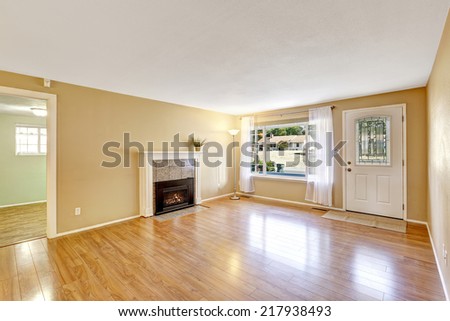 Empty house interior with cozy fireplace. New hardwood floor and light tones walls.