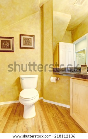Cheerful bathroom interior in bright yellow color. Vaulted ceiling, hardwood floor and large mirror