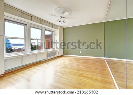 Empty apartment interior in old residential building with bay view. Downtown, Seattle. Bedroom with green wall and large mirror. Old window system