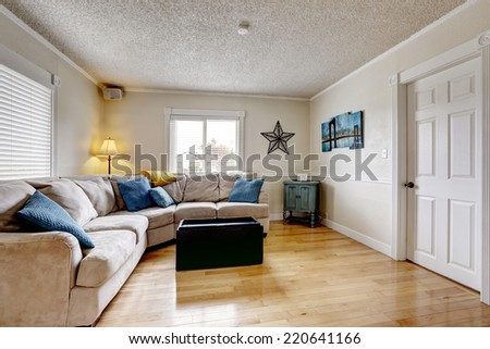 Living room with comfortable beige sofa and blue pillows.