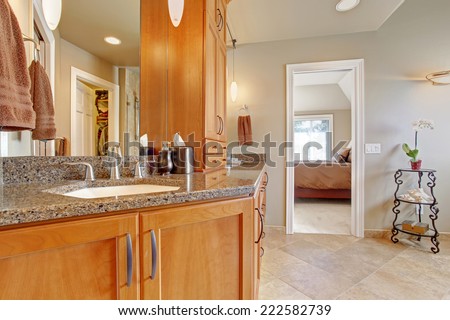 Spacious luxury bathroom in master bedroom. Wooden storage combination with  granite tops and mirror