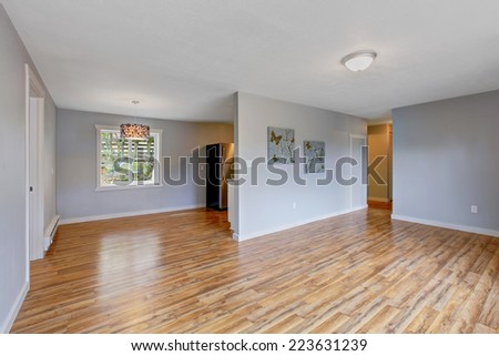 Empty house interior with light blue walls, hardwood floor and window. Living room with kitchen and dining area