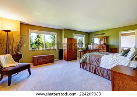 Master bedroom interior in bright green color with wooden bed, nightstand, bedroom vanity cabinet and wardrobe. Corner decorated with chair  and dry branches.