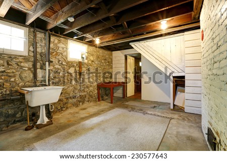 Basement empty room interior with stone wall trim and brick wall with fireplace. Room with old sink