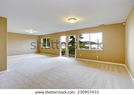 Empty house interior. Spacious family room with clean carpet floor and exit to walkout patio