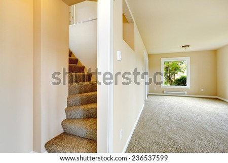 Empty house interior. Bright room with carpet floor and staircase with carpet steps