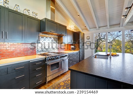 Luxury beautiful dark modern kitchen with vaulted wood ceiling, hardwood floor and huge stove.