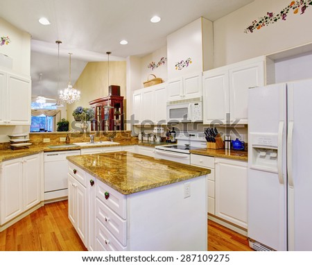 Beautiful new kitchen with marble counters and hardwood floors.