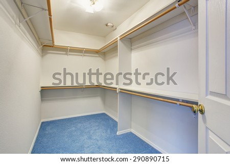 Large walk in closet with blue carpet and lots of shelves.