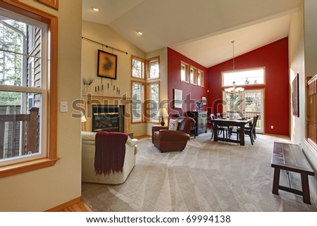 Red dining room with living room