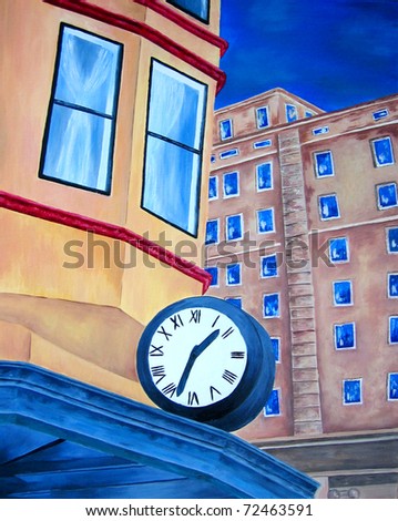 Original oil painting of city building with large clock. Day time. Modern.Tacoma, downtown. Historical building with clock.