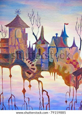 Original oil painting. Fairy tale city in the sky. Abstract oil painting.