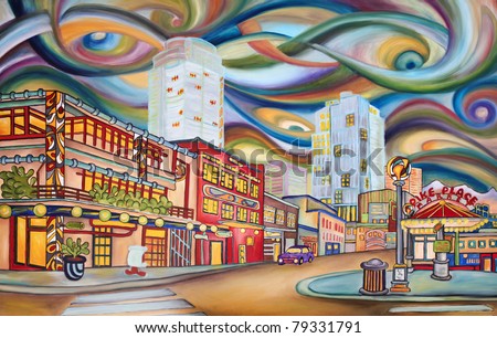 Seattle, Pike Market area - modern abstract,  original oil painting. \
