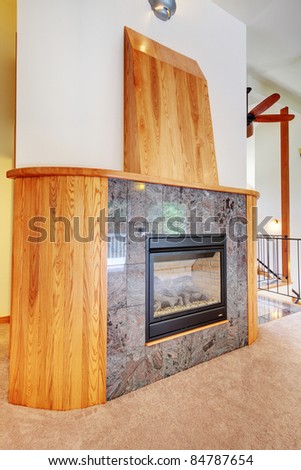Large new custom fireplace with marble and birch tree.