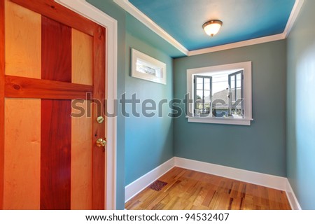 Custom build beautiful wood door in blue empty room