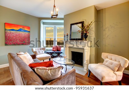 Living Room With Green Walls And Brown Sofa. Stock Photo 95931637 ...