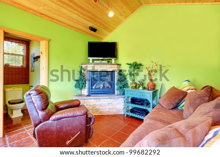 Green living room with TV and fireplace and toilet. Separate small house near the pool.