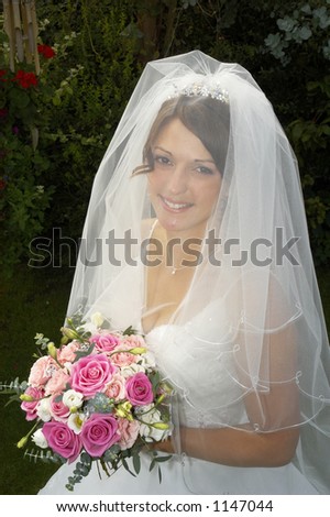 Portrait of veiled bride on wedding day.