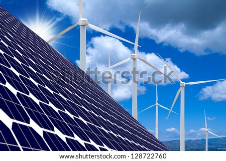 Wind farm,solar panels, blue sky and clouds