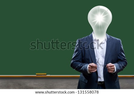 A teacher or professor with a light bulb for a head standing in front of a chalk board.