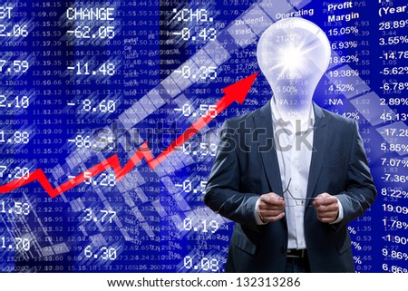 Businessman with a light bulb head in front of Stock Market ticker
