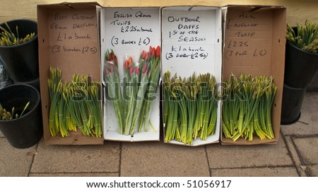 Cardboard boxes of flowers marked with handwriting at an outdoor flower stall