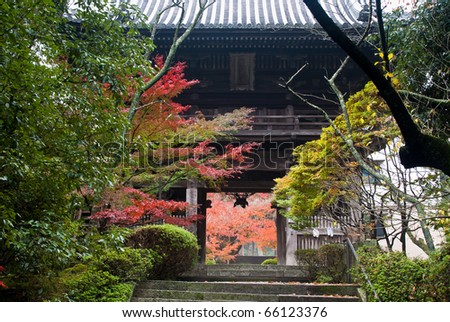 Entrance to a Japanese temple showing colorful fall foliage