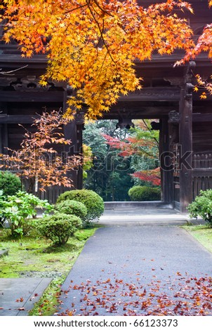 Exit to a Japanese temple showing colorful fall foliage