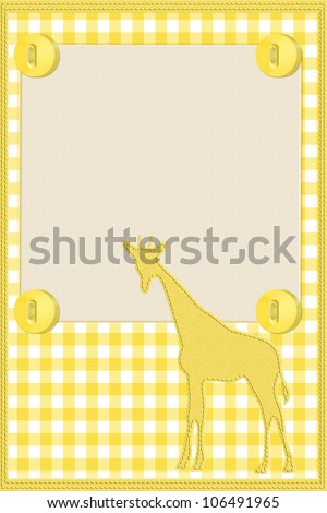 Yellow gingham material for a border with giraffe and buttons with copy-space,  Baby Background for your message