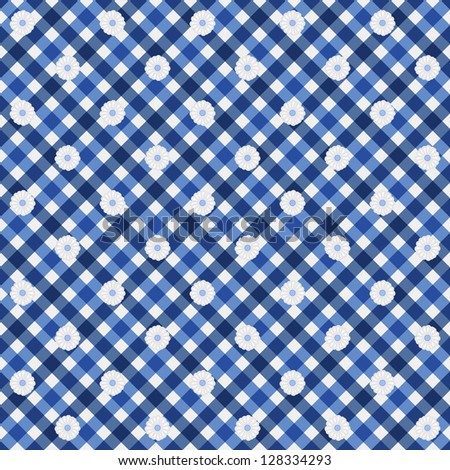 Navy Blue Gingham with Flowers Fabric Background that is seamless and repeats