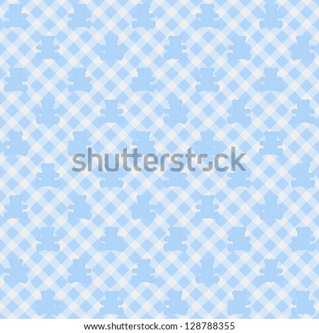 A light blue gingham fabric with teddy bears background that is seamless