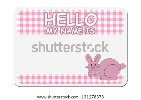 A pink gingham hello my name is tag isolated over white, Naming your baby girl