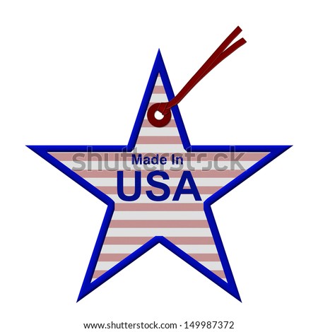 Red, White and Blue Star Shaped Gift Tag with words Made In The USA isolated on white, Buy American made products