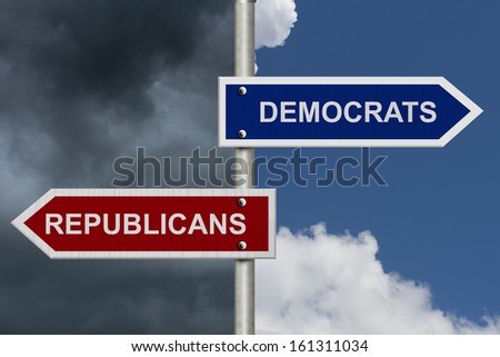 Red and blue street signs with blue and stormy sky with words Republicans and Democrats, Republicans versus Democrats