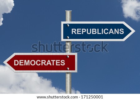 Red and blue street signs with blue sky with words Republicans and Democrats, Republicans versus Democrats