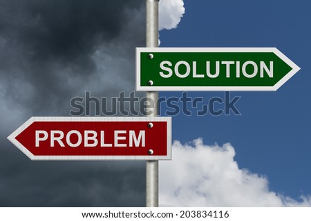 Red and Green street signs with blue and stormy sky with words Problem and Solution, Problem versus Solution