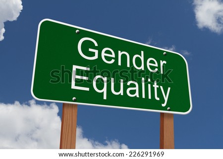 Gender Quality Sign, Green highway sign with words Gender Quality with sky background