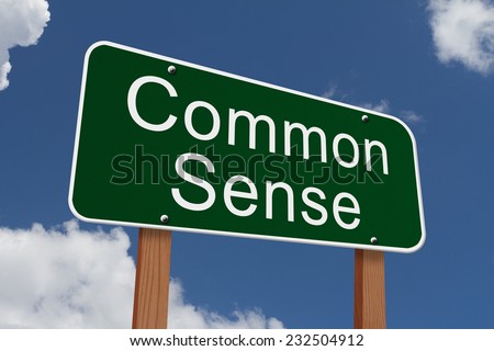 Common Sense Sign, Green highway sign with words Common Sense with sky background